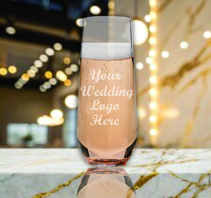 Wedding Logo Stemless Champagne Glass Favors- Custom Engraved Glasses, Bulk Wedding Favors, Bridal Shower Favor, Mimosa Flute, Prosecco