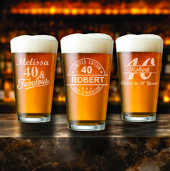 40th Birthday Beer Glass Favors – Personalized Pint Glass – Aged to Perfection 40 Gift – Custom Beer Glasses – Birthday Party Favor