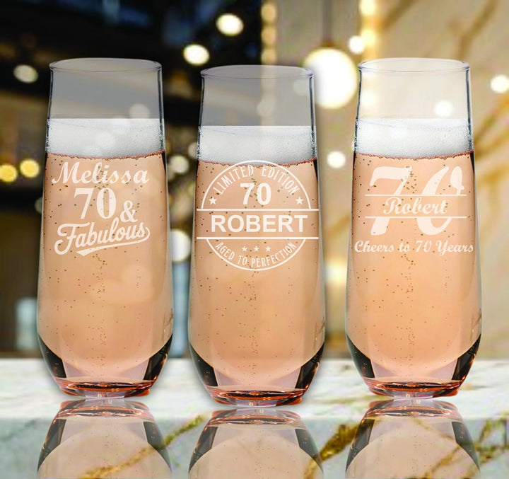 70 and Fabulous 70th Birthday Stemless Wine Glass Favors – Personalized Wine Glasses – Custom Engraved 70th Birthday Party Favors 12 Pc Set
