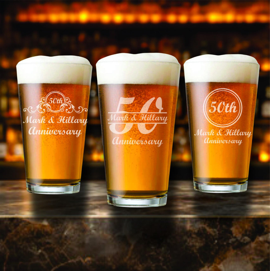 50th Anniversary Party Favors – Personalized Stemless Champagne Flutes – Custom Engraved 50th Gold Anniversary Champagne Glass Favor 12 Pcs