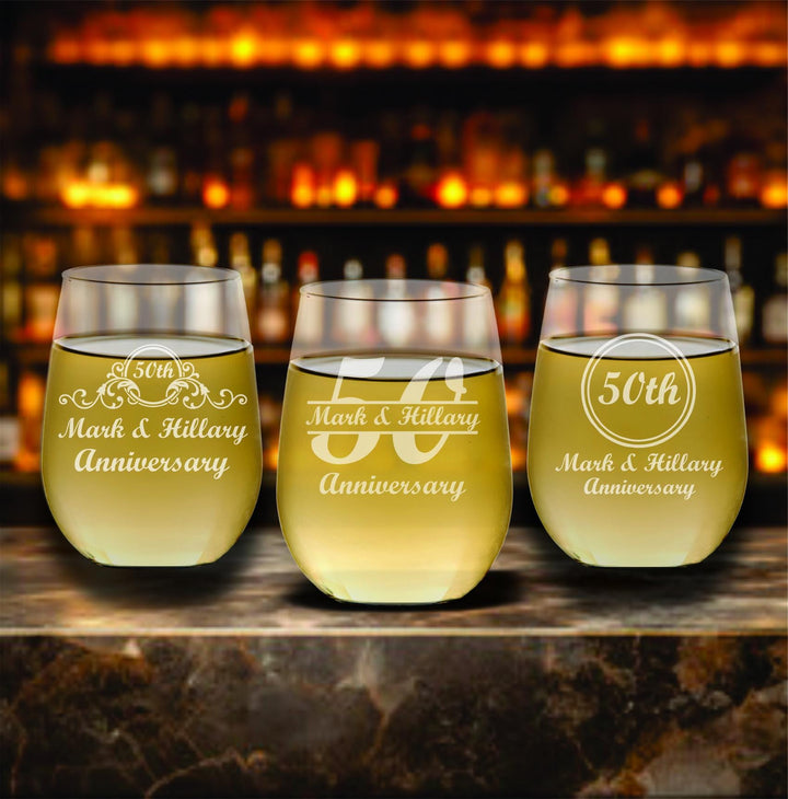 50th Anniversary Wine Glass Party Favors – Personalized Stemless Wine glasses – Custom Engraved 50th Gold Anniversary Favor - 12 Pcs