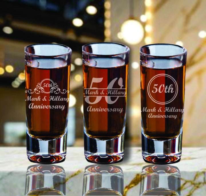 50th Anniversary Whiskey Rocks Glass Favors – Personalized Bourbon Glasses – Custom Engraved 50th Gold Anniversary Party Favor – 12 Pc Set