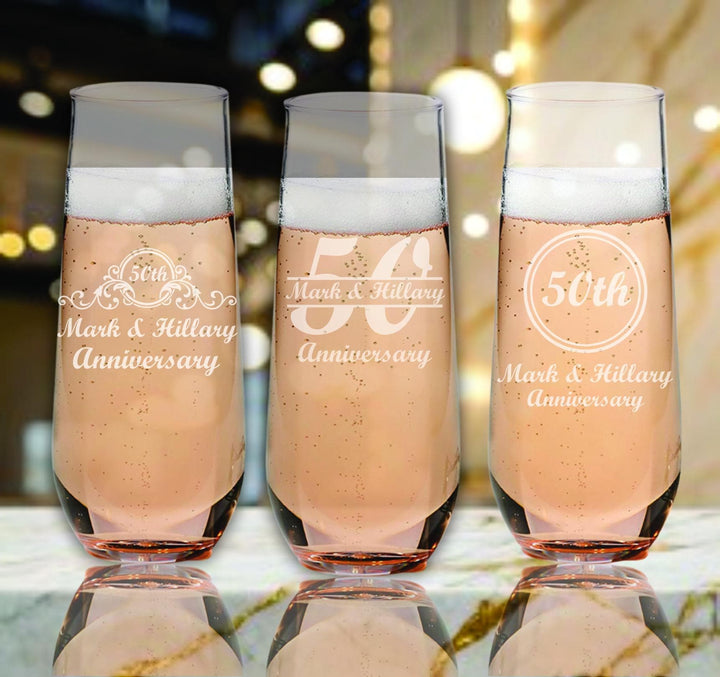 Champagne Glass 50th Anniversary Favors – Personalized Champagne Flutes – Custom Engraved 50th Gold Anniversary Party Favor – 12 Pc Set
