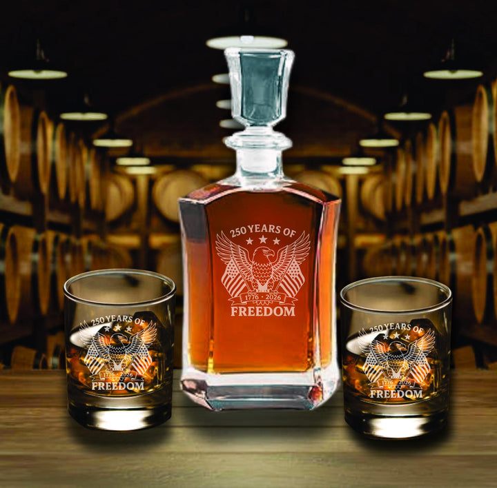 We the People Whiskey Decanter Set – America 250th Anniversary Glasses - Custom Patriotic Bourbon Gift – USA Semi quincentennial