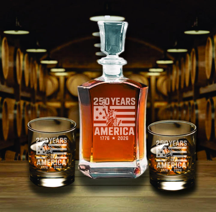 250 Years of Freedom Whiskey Decanter Set – America 250th Anniversary Glasses - Custom Patriotic Bourbon Gift – USA Semi quincentennial
