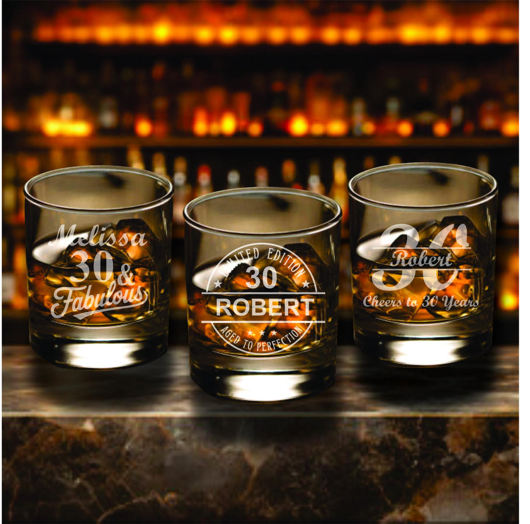 Aged to Perfection Whiskey Glass Favors – 30th Birthday Party Favor – Personalized Bourbon Glasses – Custom Engraved Scotch Glasses