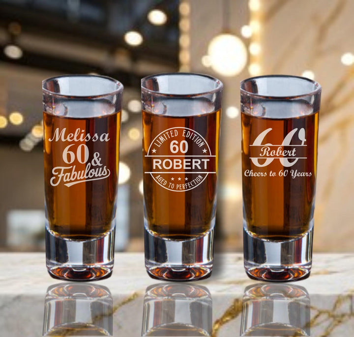 60th Birthday Shot Glass Favors, Aged to Perfection Shot Glasses, Personalized Birthday Party Favors- 12 pc Set