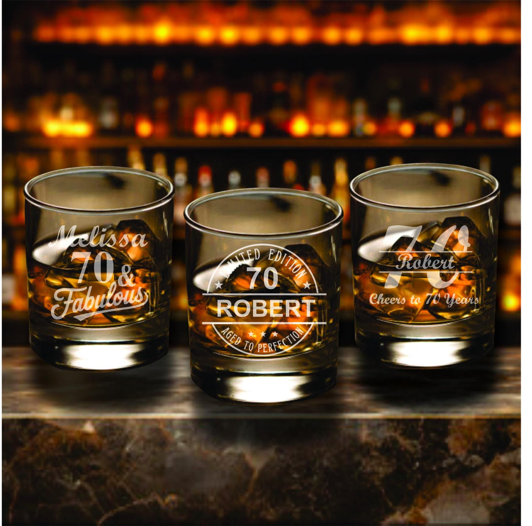 Personalized 70th Birthday Whiskey Glass Favors, Aged to Perfection Bourbon Tumbler, Custom Birthday Party Favor- 12 pc Set