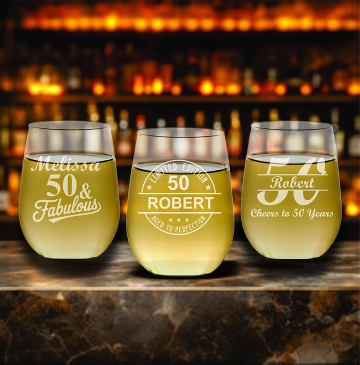 Aged to Perfection 50th Birthday Stemless Wine Glass Favors – Personalized Wine Glasses – 50th Birthday Party Favors- 12 pc Set