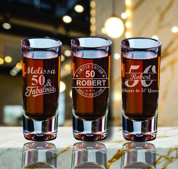 50th Birthday Stemless Champagne Glass Party Favors – Custom Engraved Party Favor Glasses - Personalized Champagne Flutes- 12 pc Set