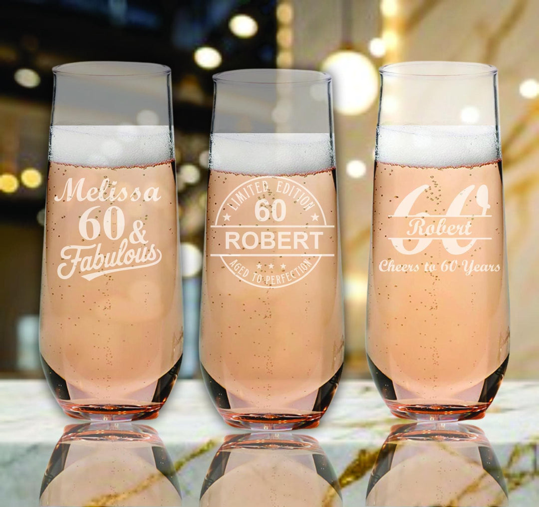 Personalized 60th Birthday Champagne Glass Favors – Custom Engraved Party Favor - Champagne Flutes for 60th Birthday- 12 pc Set