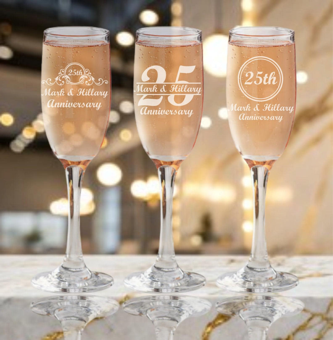 25th Anniversary Whiskey Glass Favors – Personalized Bourbon Glasses – Custom Engraved 25th Silver Anniversary Party Favor – 12 Pc Set