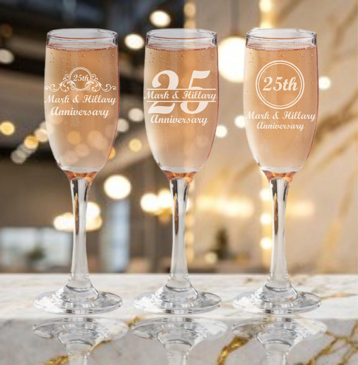 Custom 25th Anniversary Stemless Champagne Flute Favors – Personalized Stem Champagne Glasses – Silver Anniversary Party Favors - 12 Pc Set