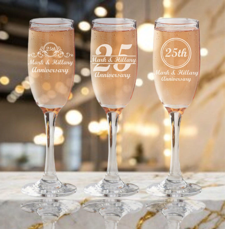 25th Anniversary Champagne Flute Favors – Personalized Stem Champagne Glasses – Custom Engraved Silver Anniversary Party Favors - 12 Pc Set