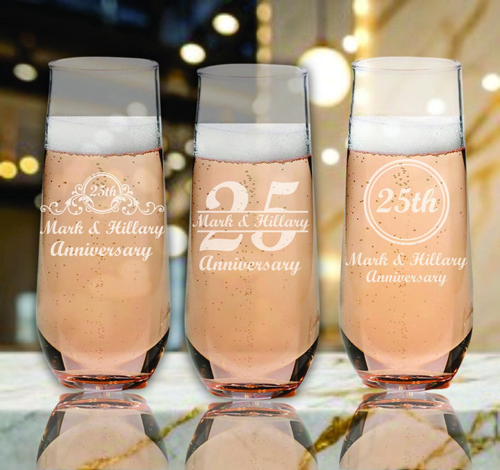 25th Anniversary Champagne Flute Favors – Personalized Stem Champagne Glasses – Custom Engraved Silver Anniversary Party Favors - 12 Pc Set