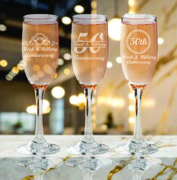 50th Anniversary Whiskey Rocks Glass Favors – Personalized Bourbon Glasses – Custom Engraved 50th Gold Anniversary Party Favor – 12 Pc Set