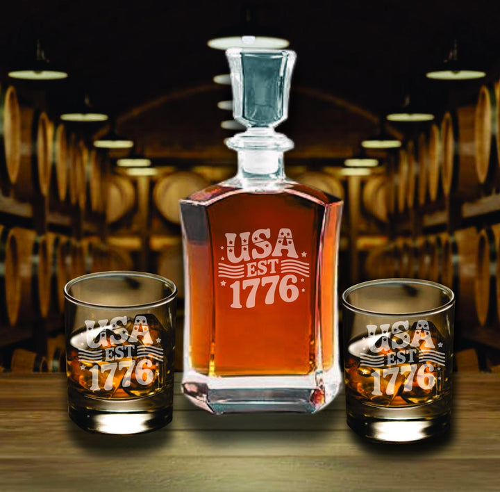 We the People Whiskey Decanter Set – America 250th Anniversary Glasses - Custom Patriotic Bourbon Gift – USA Semi quincentennial