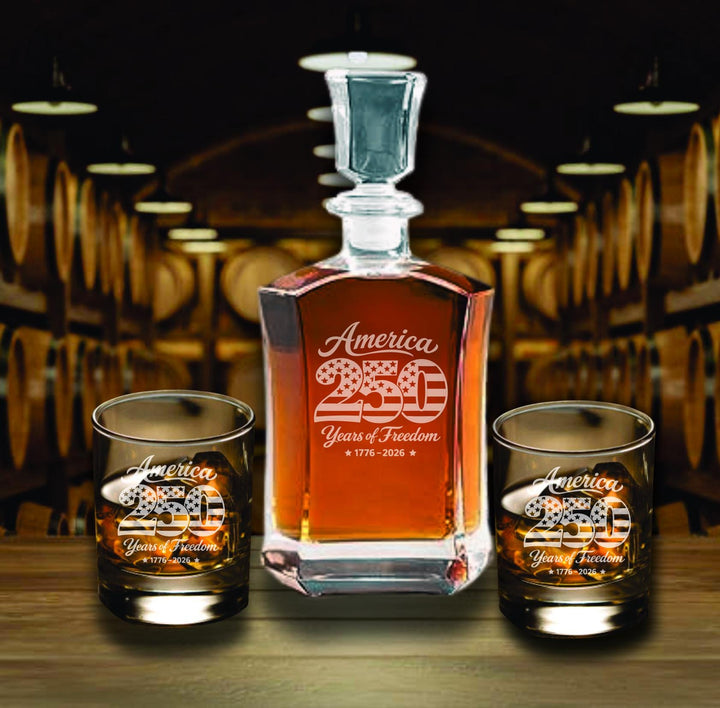 America 250th Anniversary Whiskey Decanter Set – Personalized Patriotic Bourbon Gift – 250 Years of Freedom Glasses USA Semi quincentennial