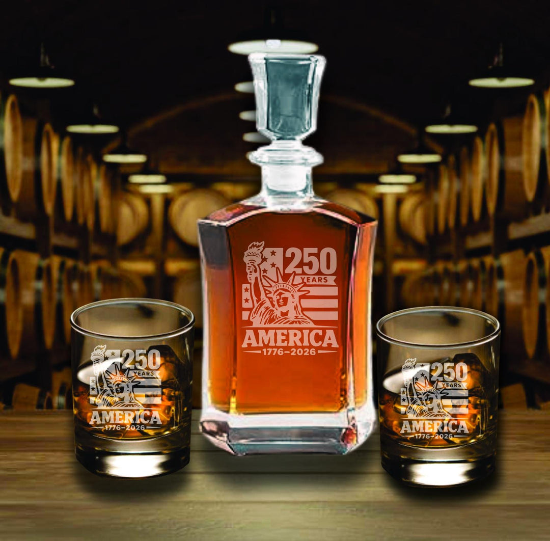 America 250th Anniversary Whiskey Decanter Set – Personalized Patriotic Bourbon Gift – 250 Years of Freedom Glasses USA Semi quincentennial