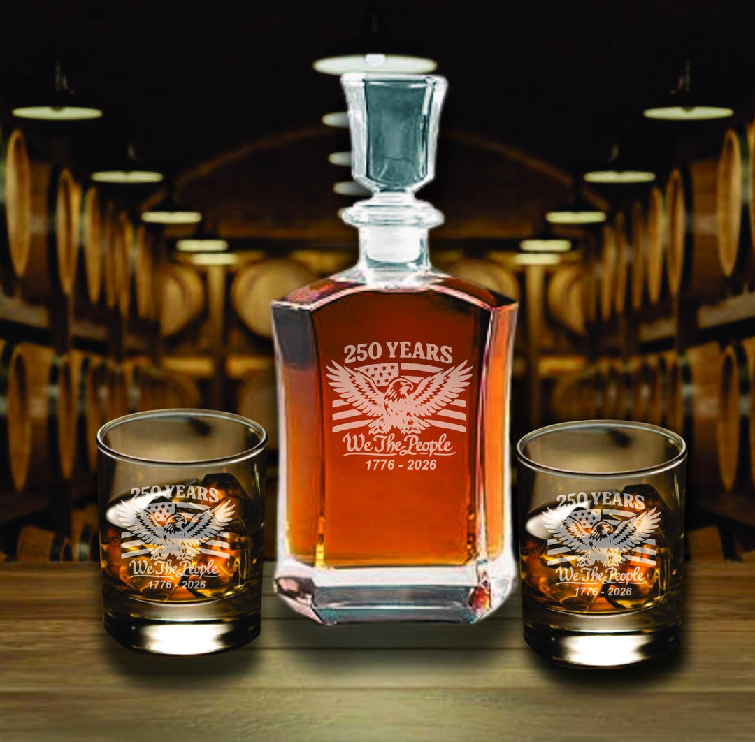 We the People Whiskey Decanter Set – America 250th Anniversary Glasses - Custom Patriotic Bourbon Gift – USA Semi quincentennial