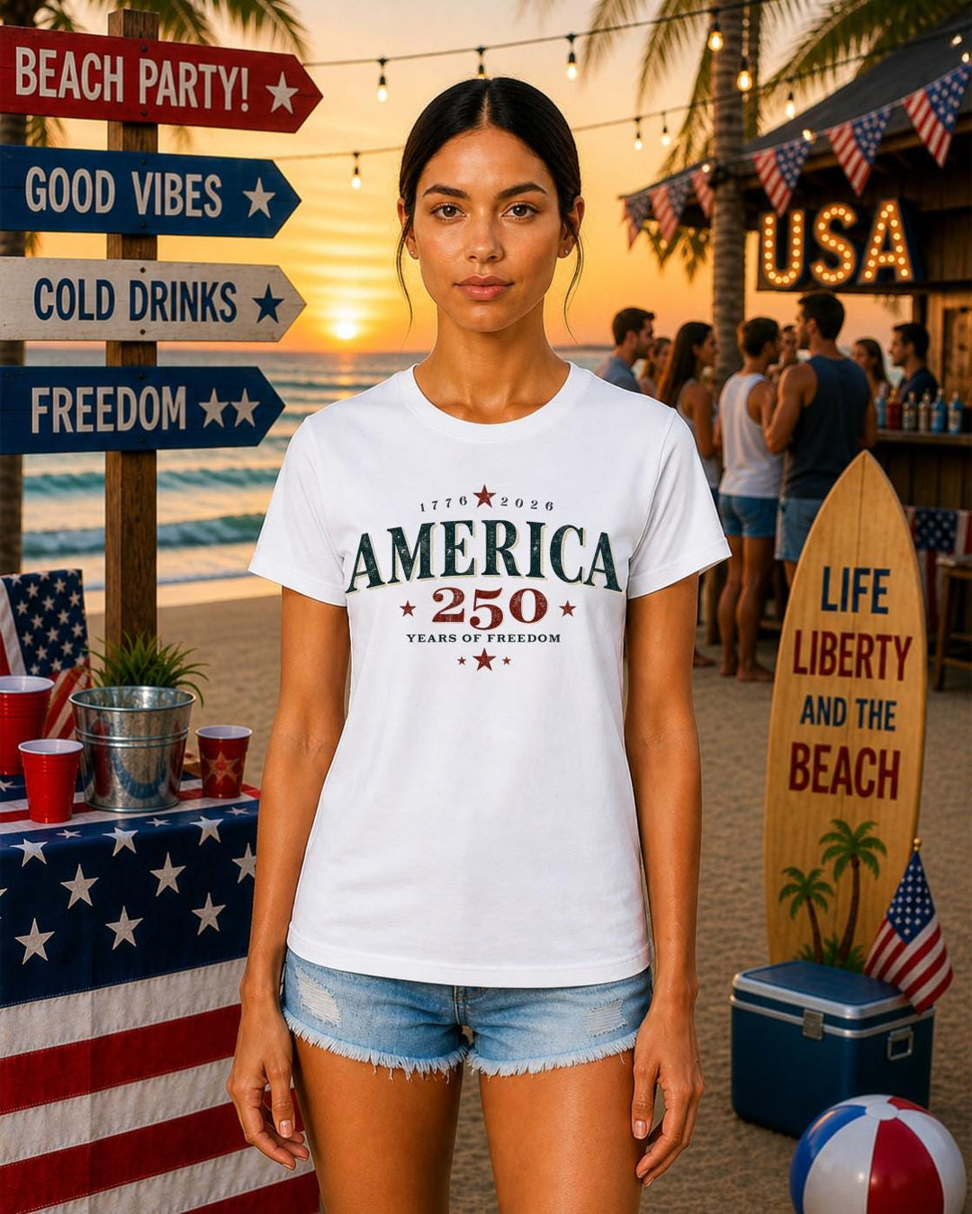 America 250 Women’s Shirt, 250 Years of Freedom Patriotic Tee, 1776 2026 USA Anniversary Shirt, Fourth of July Beach Party T-Shirt