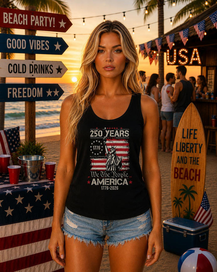 America 250 Birthday Women’s Racerback Tank Top, We The People Patriotic USA Tank, 1776 2026 Freedom Fourth of July Tank Top