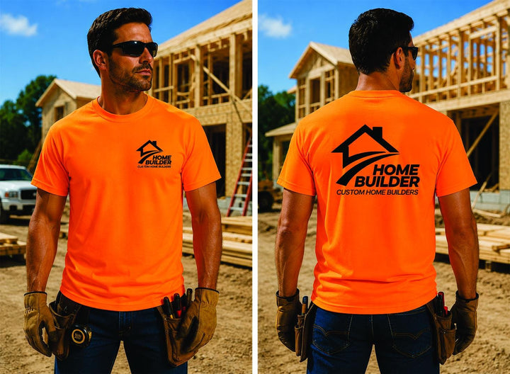 Custom Company Logo Hi Visibility Safety Shirts, Safety Green Construction T-Shirt, Safety Orange Custom Contractor Apparel, Hi Vis Workwear