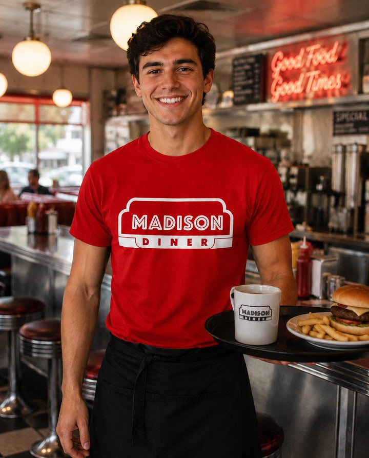 Logo Restaurant Waiter and Waitress Shirts, Diner Staff T-Shirts, Food Industry Uniform Apparel, Custom Business Logo Work Shirts