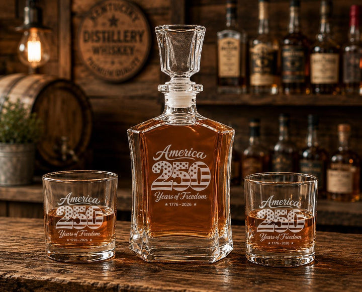 America 250th Anniversary Whiskey Decanter Set – Personalized Patriotic Bourbon Gift – 250 Years of Freedom Glasses USA Semi quincentennial