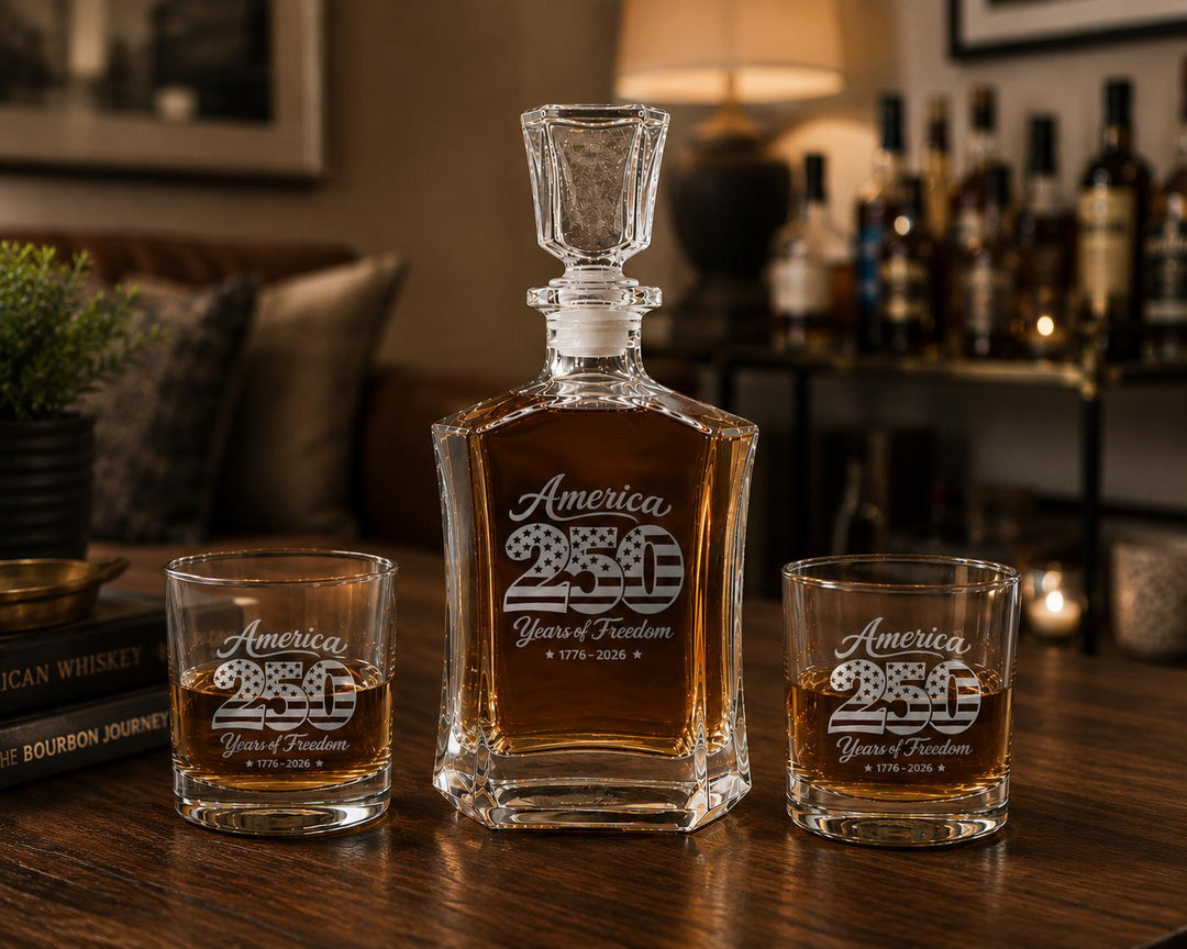 America 250th Anniversary Whiskey Decanter Set – Personalized Patriotic Bourbon Gift – 250 Years of Freedom Glasses USA Semi quincentennial