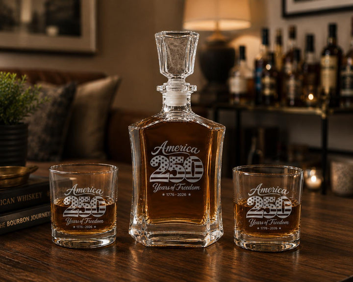 America 250th Anniversary Whiskey Decanter Set – Personalized Patriotic Bourbon Gift – 250 Years of Freedom Glasses USA Semi quincentennial