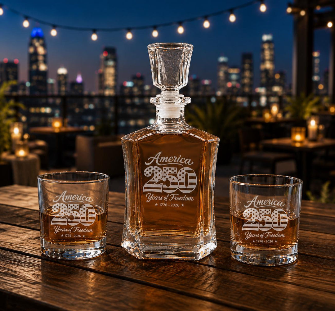 250 Years of Freedom Whiskey Decanter Set – America 250th Anniversary Glasses - Custom Patriotic Bourbon Gift – USA Semi quincentennial