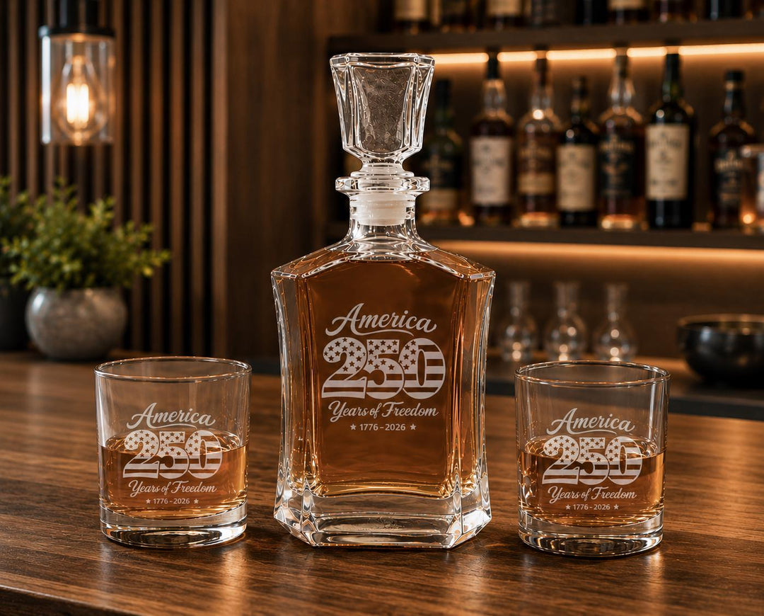250 Years of Freedom Whiskey Decanter Set – America 250th Anniversary Glasses - Custom Patriotic Bourbon Gift – USA Semi quincentennial