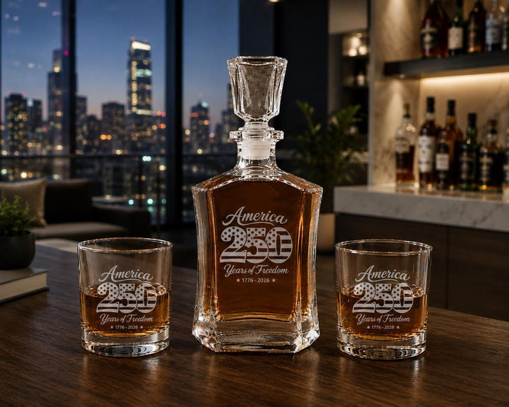 We the People Whiskey Decanter Set – America 250th Anniversary Glasses - Custom Patriotic Bourbon Gift – USA Semi quincentennial