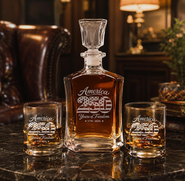 We the People Whiskey Decanter Set – America 250th Anniversary Glasses - Custom Patriotic Bourbon Gift – USA Semi quincentennial