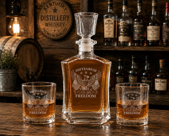 We the People Whiskey Decanter Set – America 250th Anniversary Glasses - Custom Patriotic Bourbon Gift – USA Semi quincentennial