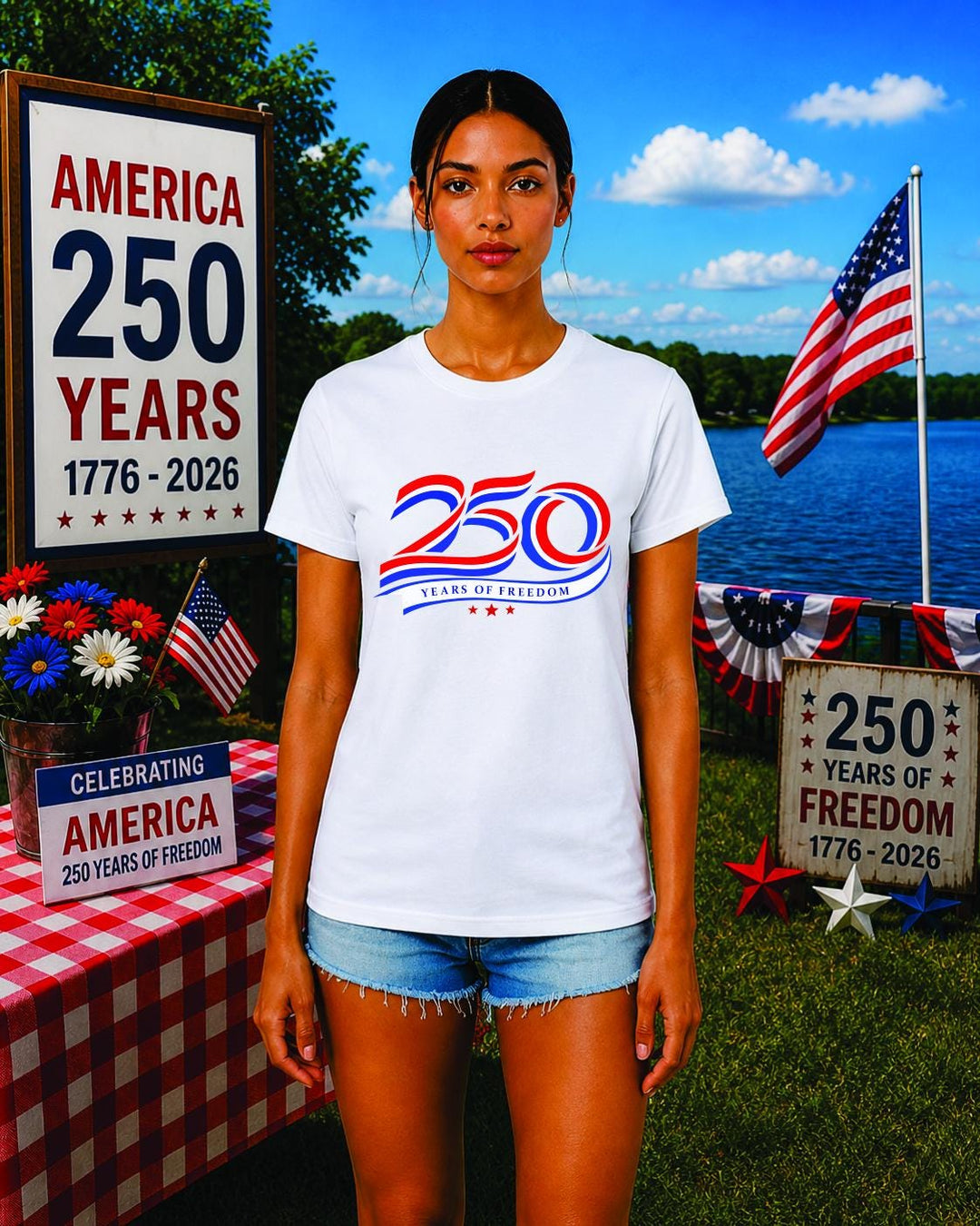 America 250 Women’s Shirt, 250 Years of Freedom Patriotic Tee, 1776 2026 USA Anniversary Shirt, Fourth of July Beach Party T-Shirt