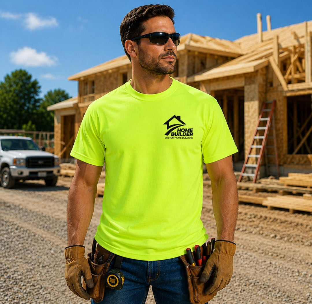 Custom Landscaper Company Logo T-Shirts, Safety Green &amp; Orange Landscaping Work Shirts, Lawn Care Contractor Uniform Apparel