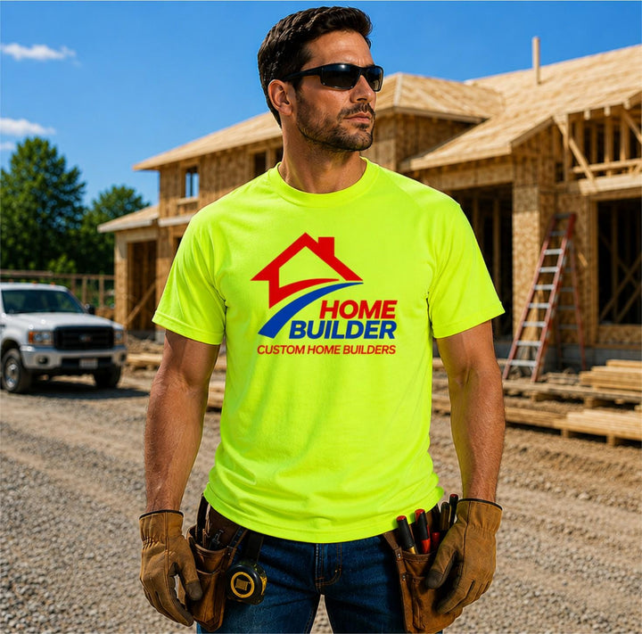 Custom Construction Safety Green Work Shirts | Screen Printed Contractor &amp; Crew T-Shirts with Company Logo | For Builders, Landscapers