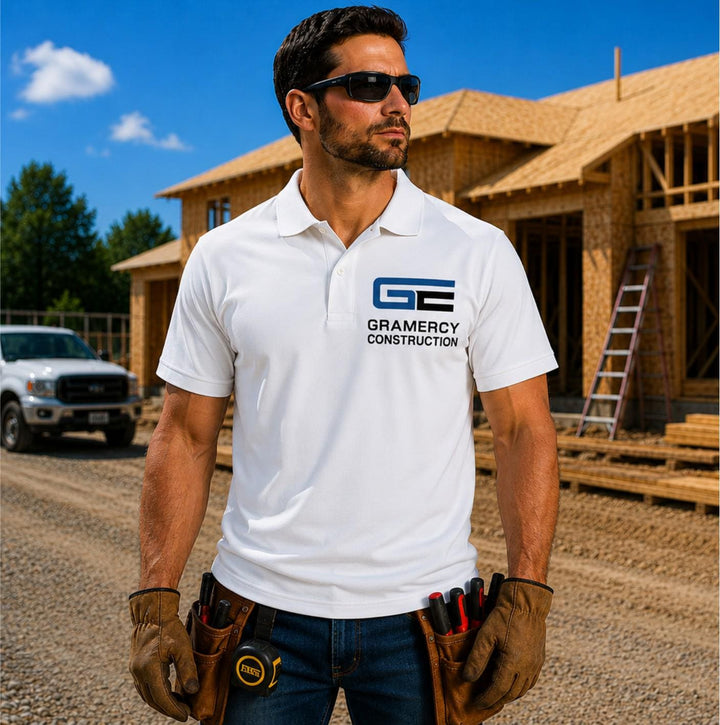 Custom General Contractor Polo Shirts, Company Logo Construction Polos, Contractor Work Uniform Shirts, Custom Business Apparel