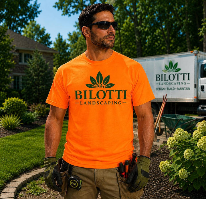Custom Landscaper Company Logo T-Shirts, Safety Green &amp; Orange Landscaping Work Shirts, Lawn Care Contractor Uniform Apparel