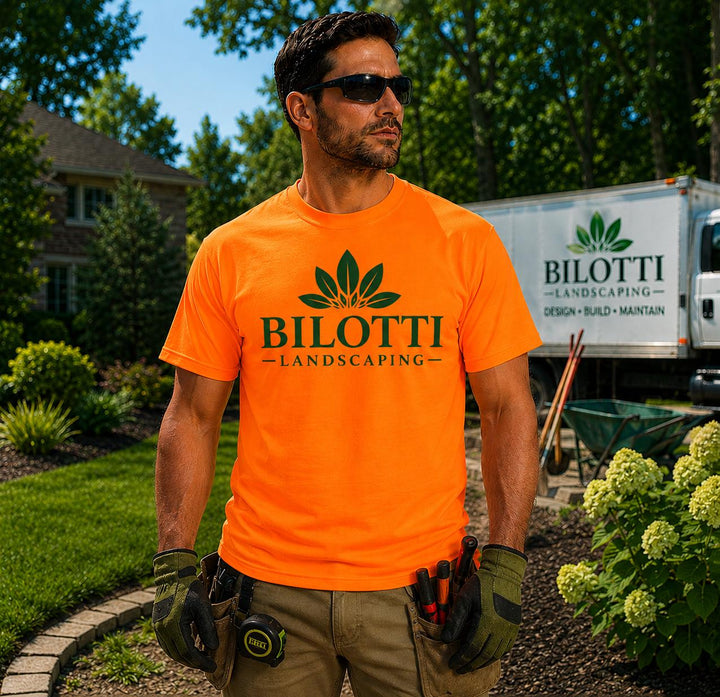 Custom Landscaper Company Logo T-Shirts, Safety Green &amp; Orange Landscaping Work Shirts, Lawn Care Contractor Uniform Apparel