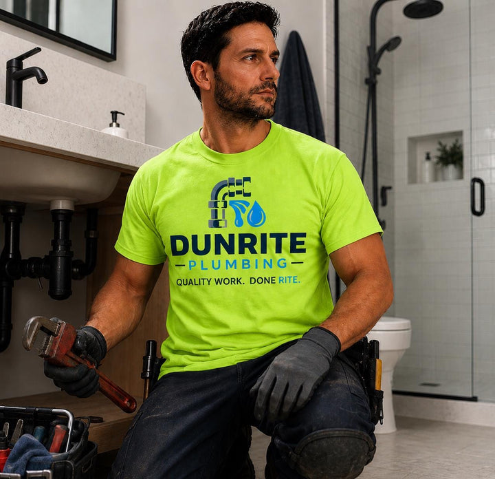Plumber Company Logo T-Shirts, Safety Green &amp; Orange Plumbing Work Shirts, Plumbing Contractor Uniform Apparel