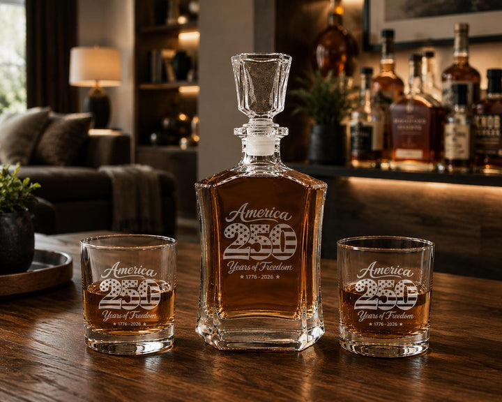 250 Years of Freedom Whiskey Decanter Set – America 250th Anniversary Glasses - Custom Patriotic Bourbon Gift – USA Semi quincentennial