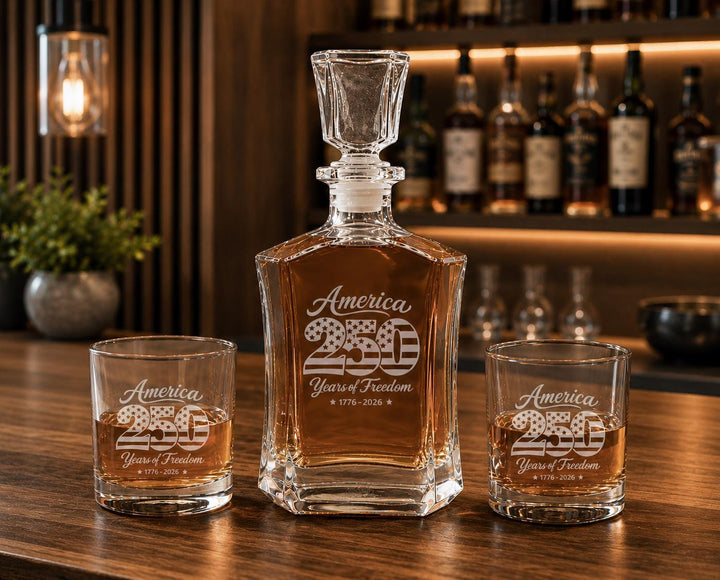 We the People Whiskey Decanter Set – America 250th Anniversary Glasses - Custom Patriotic Bourbon Gift – USA Semi quincentennial