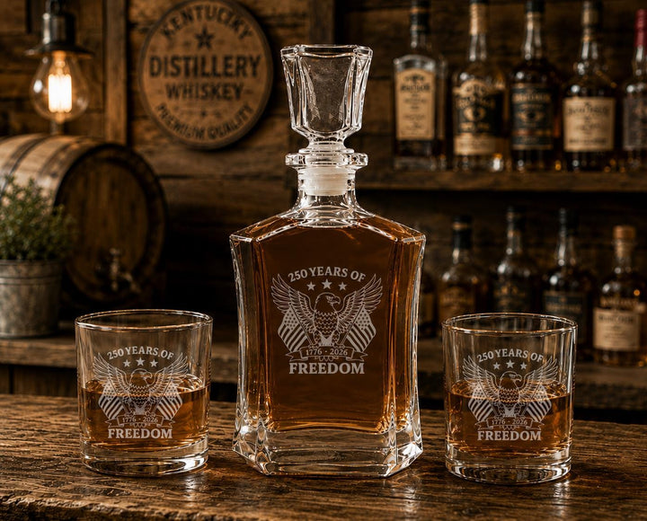 We the People Whiskey Decanter Set – America 250th Anniversary Glasses - Custom Patriotic Bourbon Gift – USA Semi quincentennial