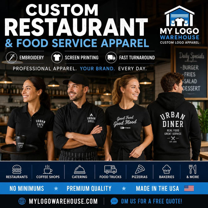 Logo Restaurant Waiter and Waitress Shirts, Diner Staff T-Shirts, Food Industry Uniform Apparel, Custom Business Logo Work Shirts