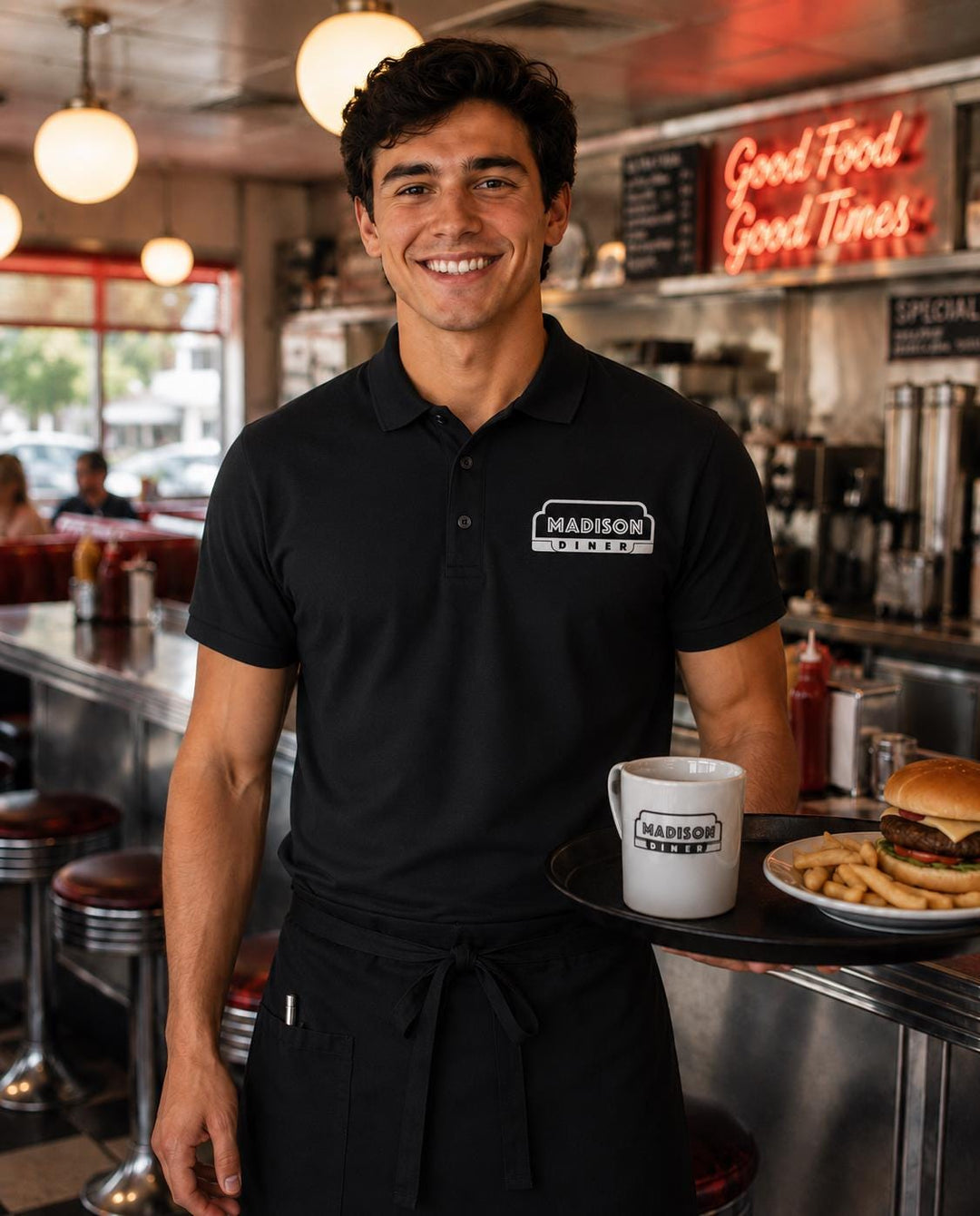 Logo Restaurant Waiter and Waitress Shirts, Diner Staff T-Shirts, Food Industry Uniform Apparel, Custom Business Logo Work Shirts