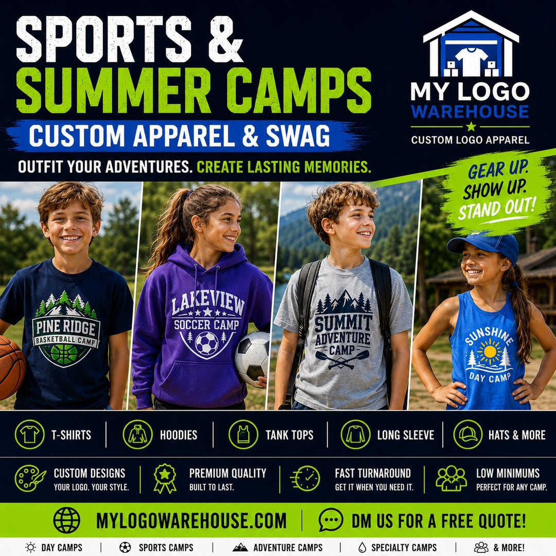 Custom Camp T-Shirts Apparel, Screen Printed Logo Shirts for Summer Camps, Sports Camps &amp; Church Camps, Camp Uniforms in Many Colors