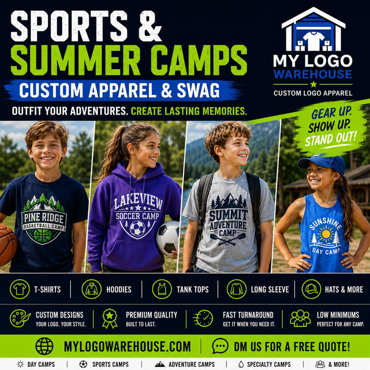 Custom Camp T-Shirts Apparel, Screen Printed Logo Shirts for Summer Camps, Sports Camps &amp; Church Camps, Camp Uniforms in Many Colors